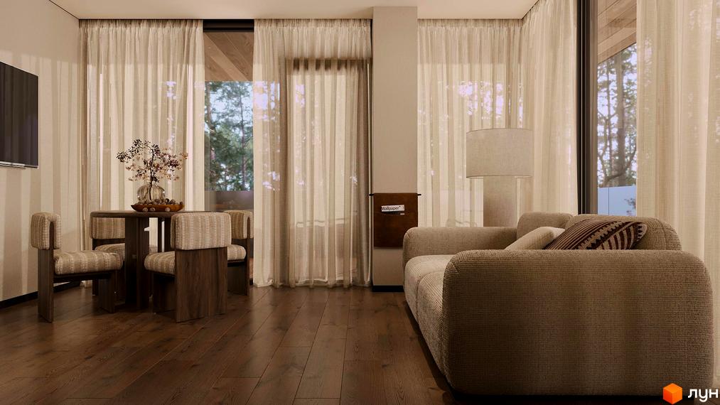 Інтер'єр вітальні в Son Daven з видом на природу через великі вікна, дерев'яною підлогою та обідньою зоною.