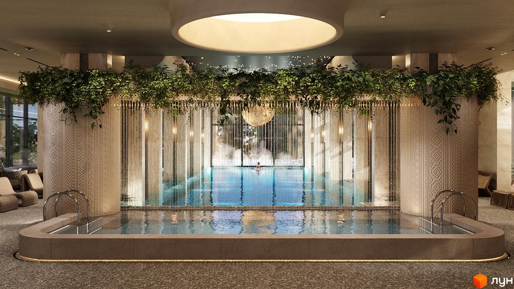 Басейн та зона відпочинку в житловому комплексі Son Daven. Інтер'єр прикрашений зеленню, декоративними колонами та водоспадами.