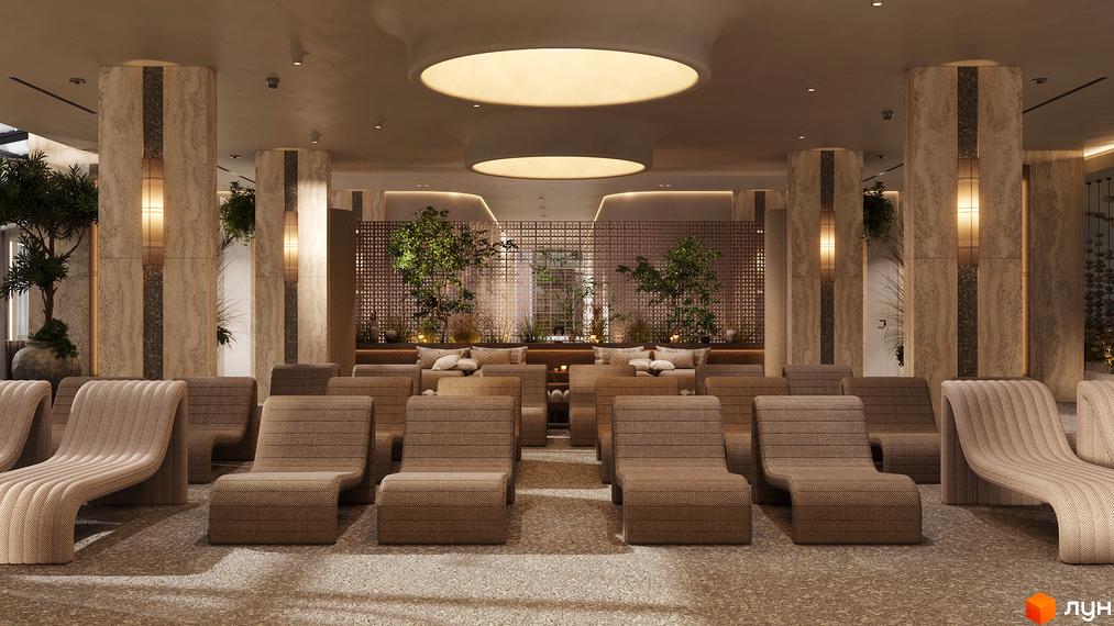 Інтер'єр зони відпочинку Son Daven: ряди лежаків, колони з підсвічуванням, декоративні рослини та освітлення.