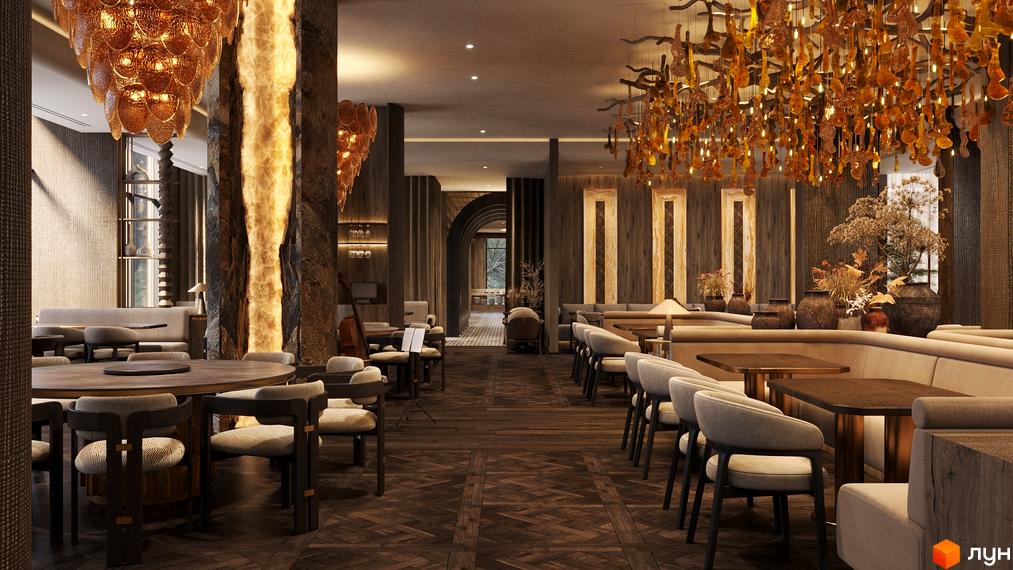 Просторий інтер'єр ресторану в Житловому комплексі Son Daven з дерев'яними підлогами, панелями, великими люстрами та м'якими зонами відпочинку.