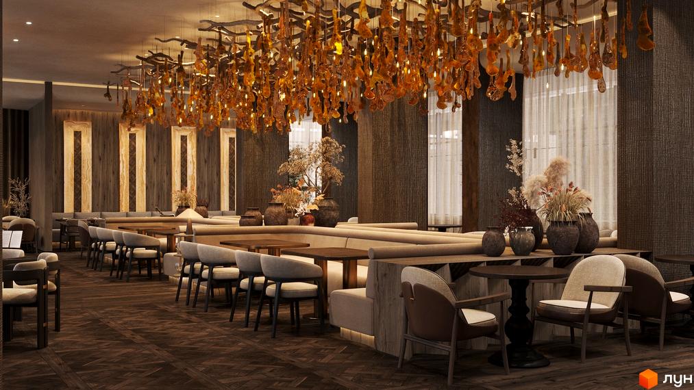Інтер'єр ресторану в Son Daven: дерев'яна підлога, м'які меблі, столи та велика люстра. Зал прикрашений вазами з декоративними рослинами.