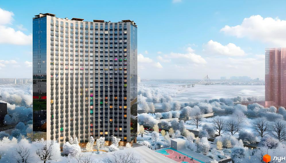 Житловий комплекс BEREG Residence: багатоповерховий будинок з світлим фасадом та скляною секцією, оточений засніженим парком зі спортивним майданчиком.