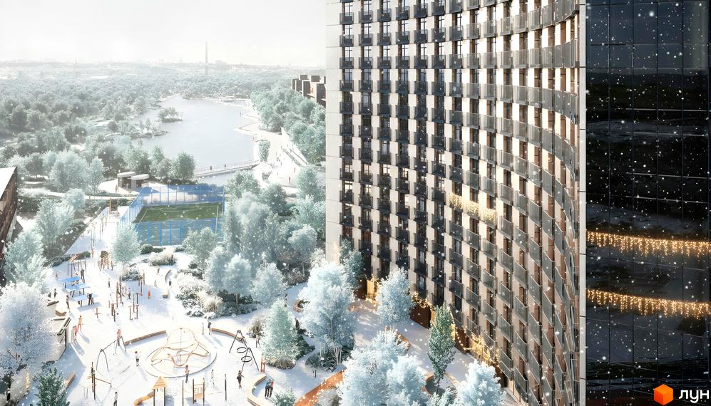 Житловий комплекс BEREG Residence: багатоповерховий будинок з вигнутим фасадом та балконами. Прилегла територія включає засніжений парк, озеро, спортивний майданчик та дитячу зону.