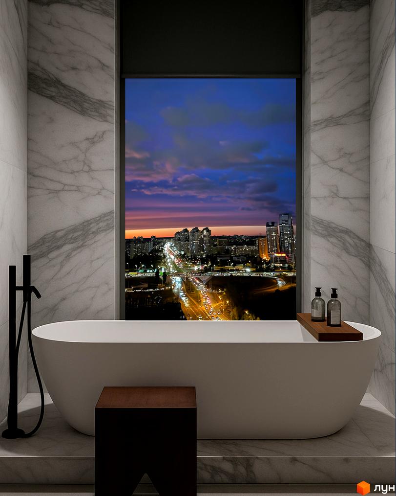 Житловий комплекс BEREG Residence: панорамний вид на вечірнє місто з висоти, освітлену трасу та багатоповерхівки. Інтер'єр ванної кімнати з білою ванною.