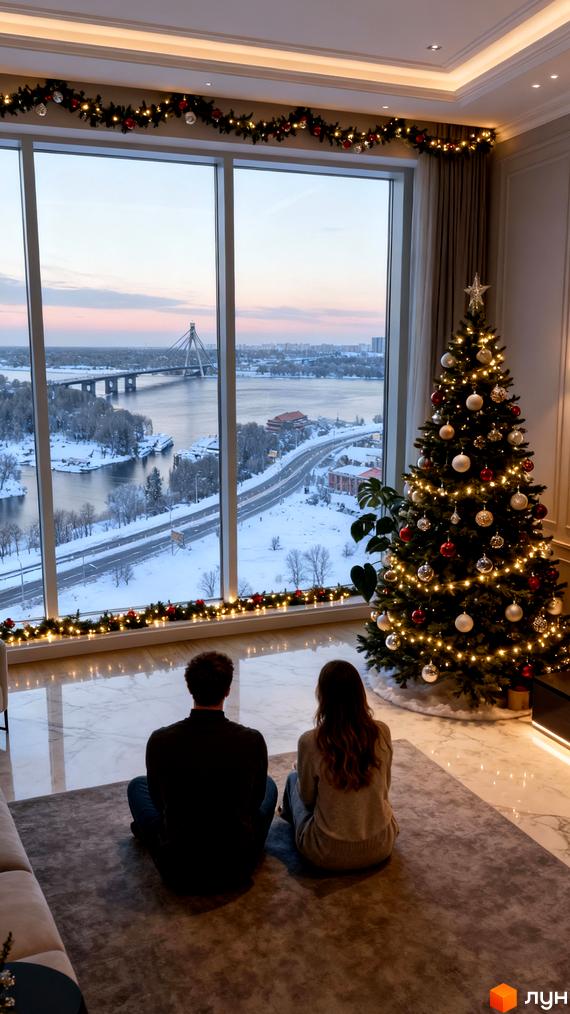 Панорамний вид на зимовий Київ та Дніпро з вікон Житлового комплексу BEREG Residence. Інтер'єр квартири прикрашений до свят.