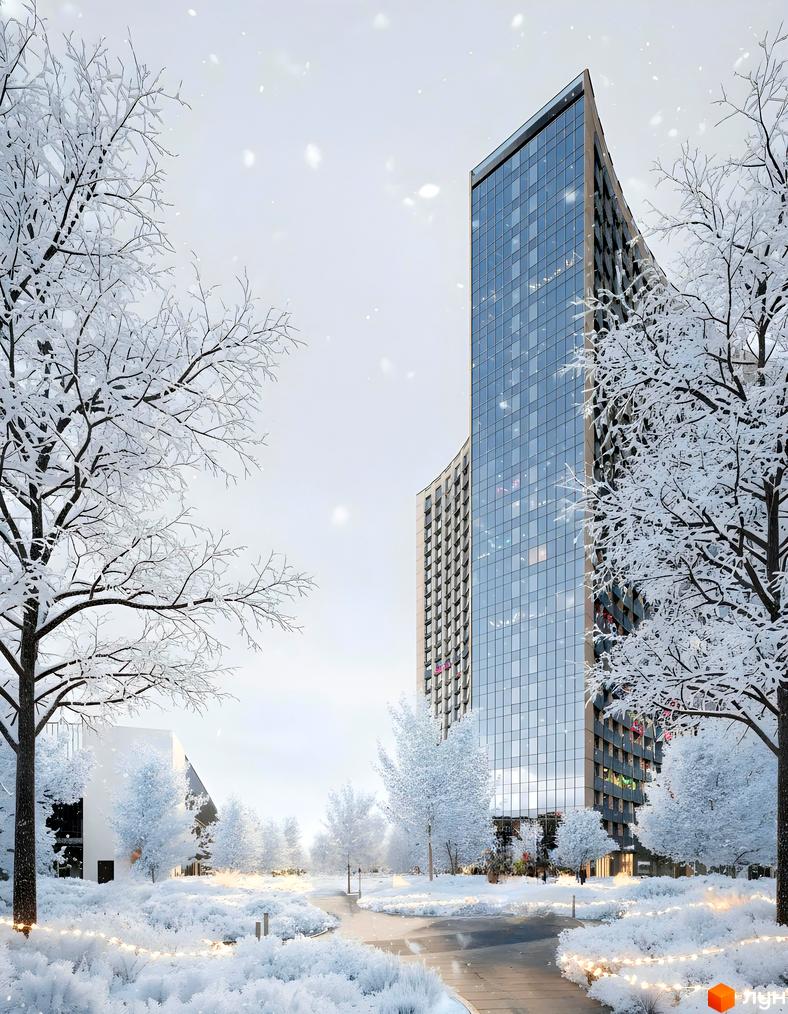 Житловий комплекс BEREG Residence з високою скляною будівлею та засніженою прибудинковою територією з деревами та доріжками.