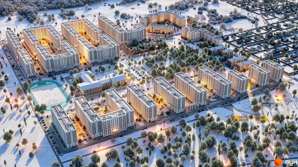 Панорамний вид на житловий комплекс OXFORD: світлі багатоповерхові будинки та засніжена територія з деревами, спортивним полем та інфраструктурою.