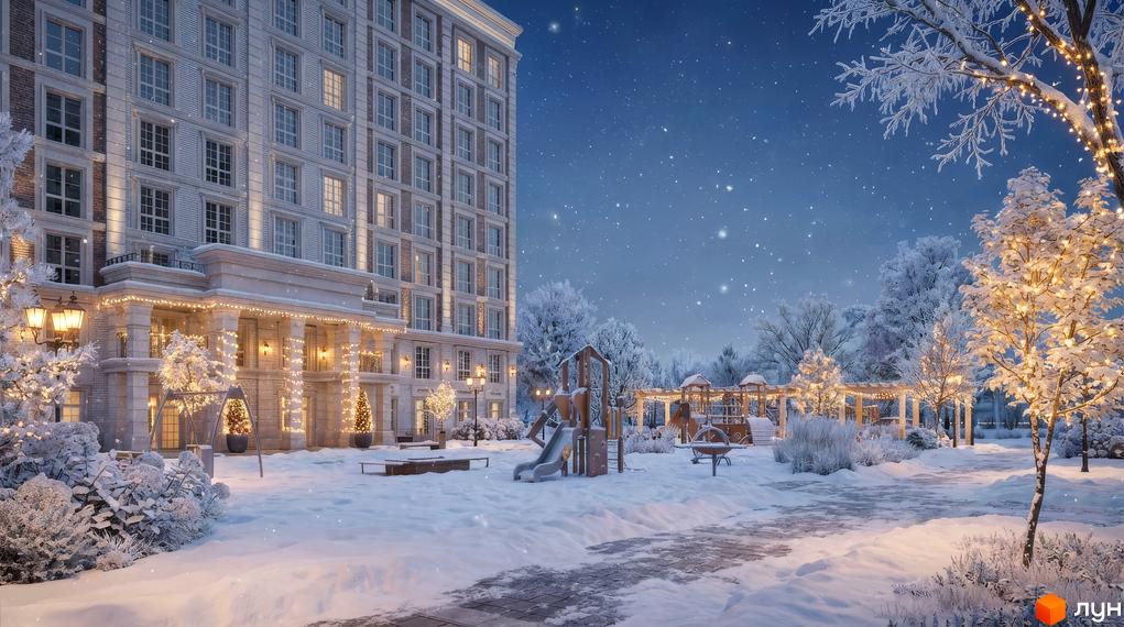 Будинок ЖК OXFORD зі світлим фасадом, прикрашений гірляндами. Засніжена територія з дитячим майданчиком та освітленими деревами.