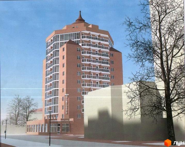 Зображення сторінки ЖК по вул. Шолом Алейхема, 37. Багатоповерховий будинок з балконами та скляним куполом на даху. Поряд розташовані дерева та будівлі.