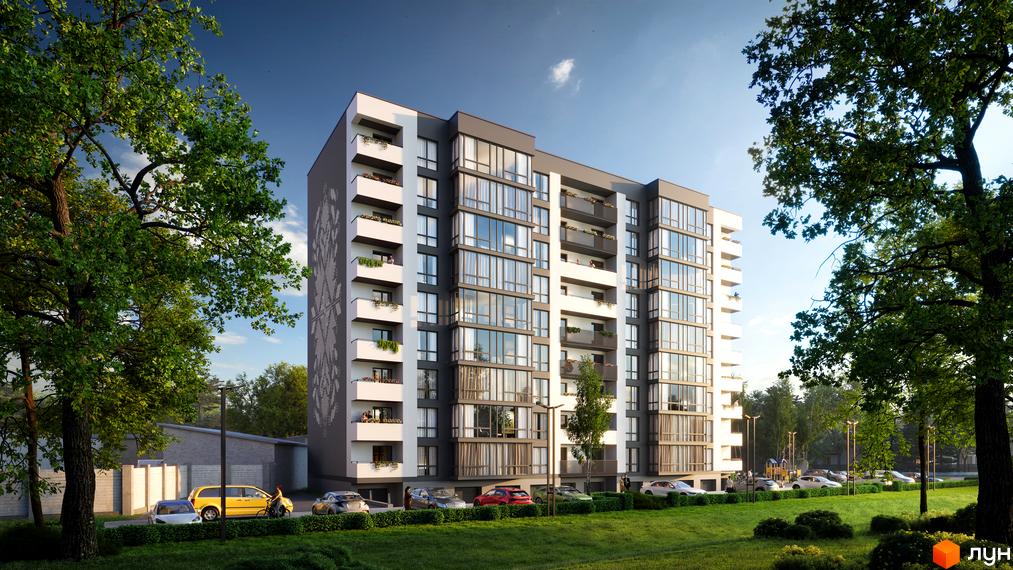 Житловий комплекс Автентика: багатоповерховий будинок з біло-сірим фасадом, великими вікнами та балконами. Прибудинкова територія має зелені насадження, дерева та парковку.