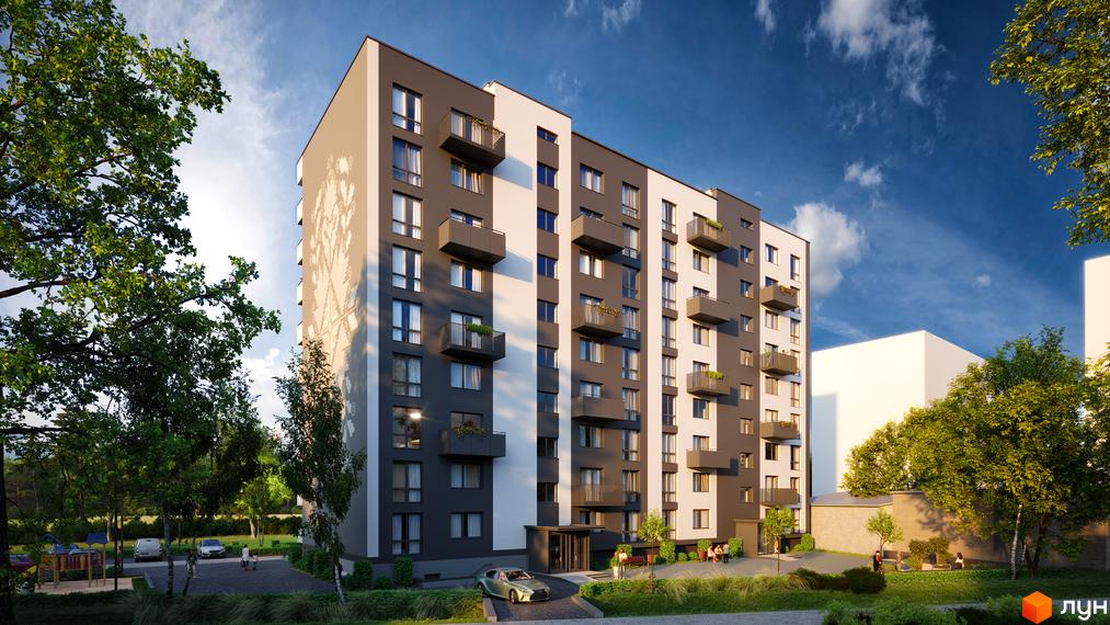 Житловий комплекс Автентика: багатоповерховий будинок з темно-сірим та білим фасадом, прикрашений орнаментом, оточений зеленими деревами та облаштованою територією.