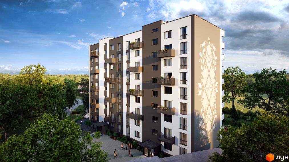 Житловий комплекс Автентика: багатоповерховий будинок з білими та темно-сірими фасадами, прикрашений світлим орнаментом. Прибудинкова територія оточена зеленими деревами.