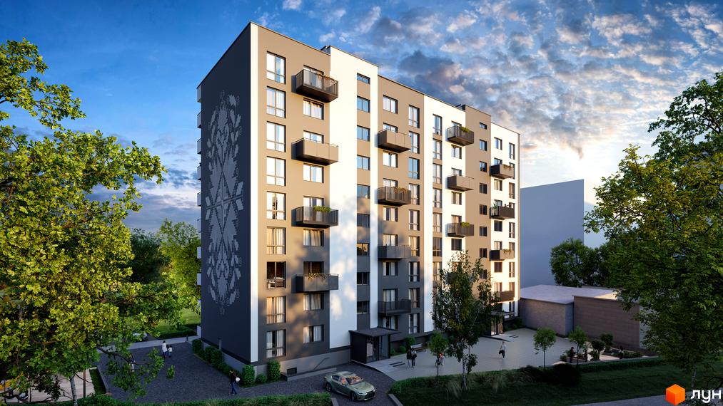 Житловий комплекс Автентика: багатоповерховий будинок з сіро-білим фасадом, орнаментом та балконами. Навколо зелені дерева, доріжки та автомобіль.