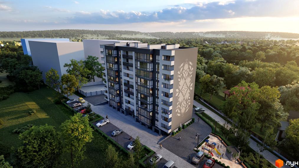 Житловий комплекс Автентика з багатоповерховим будинком сірого кольору та орнаментом на фасаді. Навколо багато зелені, парковка та дитячий майданчик.