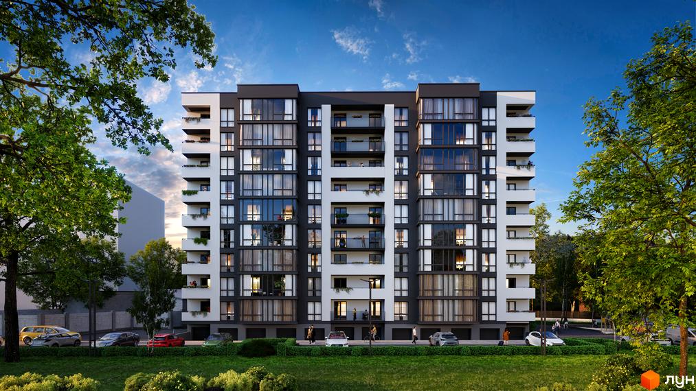 Житловий комплекс Автентика: багатоповерховий будинок з темно-сірим та білим фасадом, великими вікнами та балконами. Навколо зелені насадження, дорога з автомобілями та пішоходами.