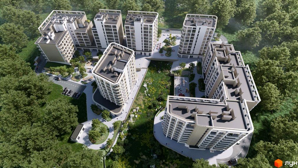 Житловий комплекс ШЕЛЕСТ з багатоповерховими будинками світлих відтінків, розташований серед зелених насаджень з доріжками та дитячими майданчиками.