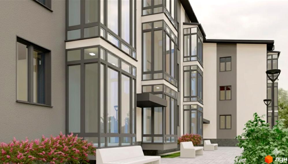 Житловий комплекс My house: фасад будинку з великими вікнами, сірими та білими стінами, а також ландшафтний дизайн з лавками та кущами.