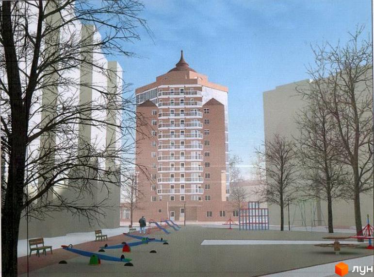 Висотна будівля житлового комплексу з балконами. На території дитячий майданчик з гойдалками та лавками.