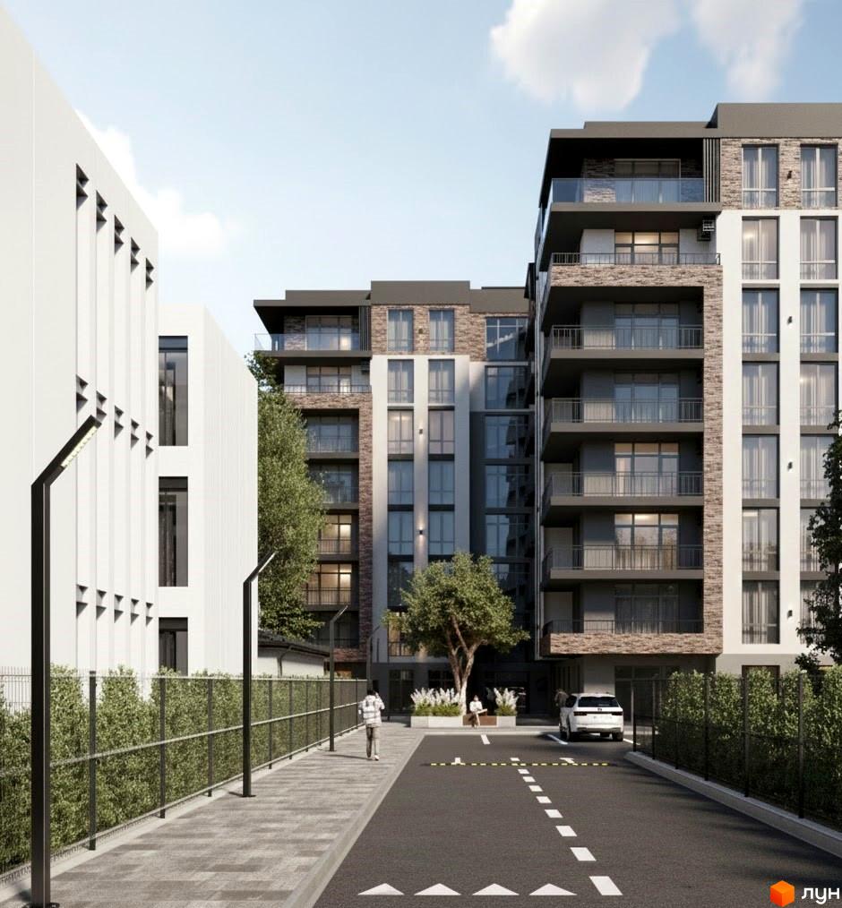 Комплекс Flower Residence. Багатоповерхові будинки, фасади з цегли та панелей, скляні балкони. Прибудинкова територія з доріжками, озелененням та парковкою.