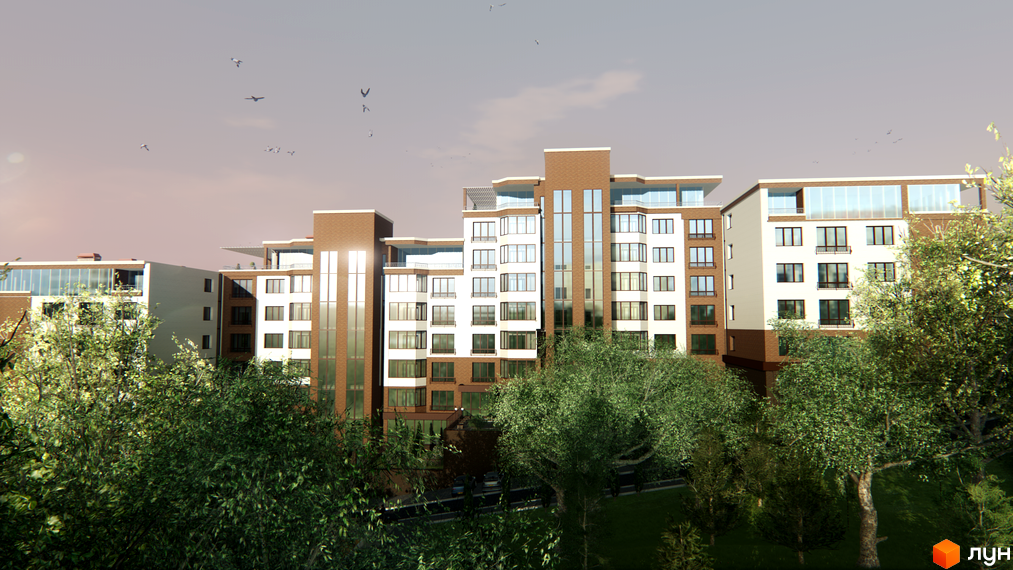 Зображення Житлового комплексу Правильний вибір. Багатоповерховий будинок з великими вікнами та зеленою прибудинковою територією.