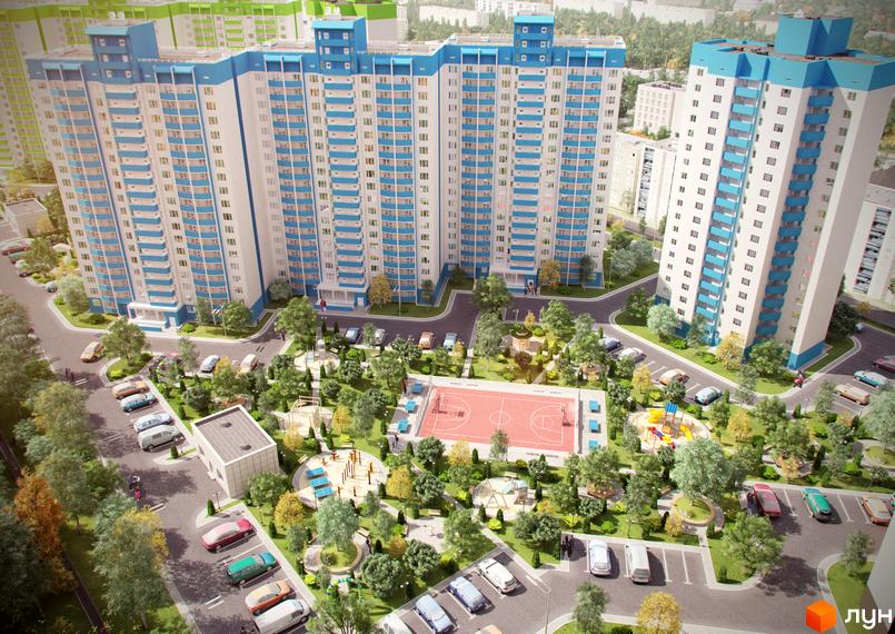 Високі будинки ЖК Олімпійський з блакитними балконами. На території комплексу є парковка, дитячий майданчик та спортивний майданчик.