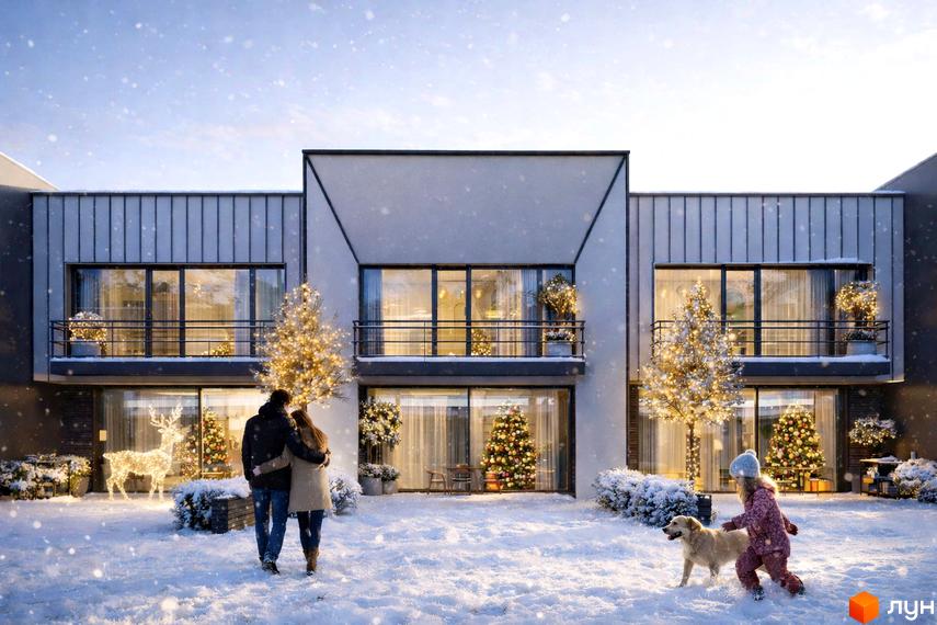 Зовнішній вигляд житлового комплексу КМ Promin з зимовим пейзажем та прибудинковою територією, прикрашеною святковими деревами.
