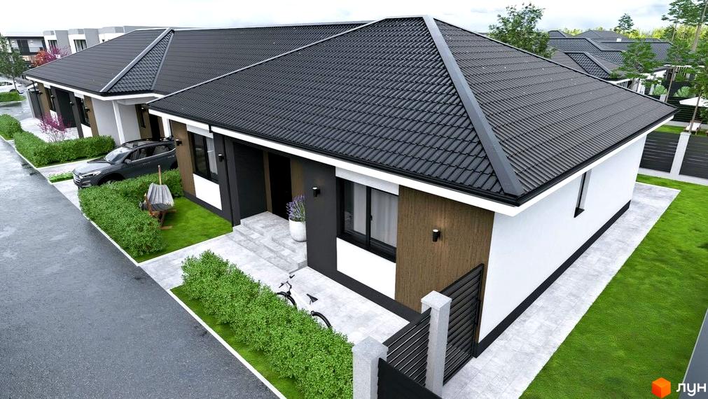 Зовнішній вигляд будинку КМ Beverly Hills з чорним дахом та прибудинковою територією, озелененою кущами.