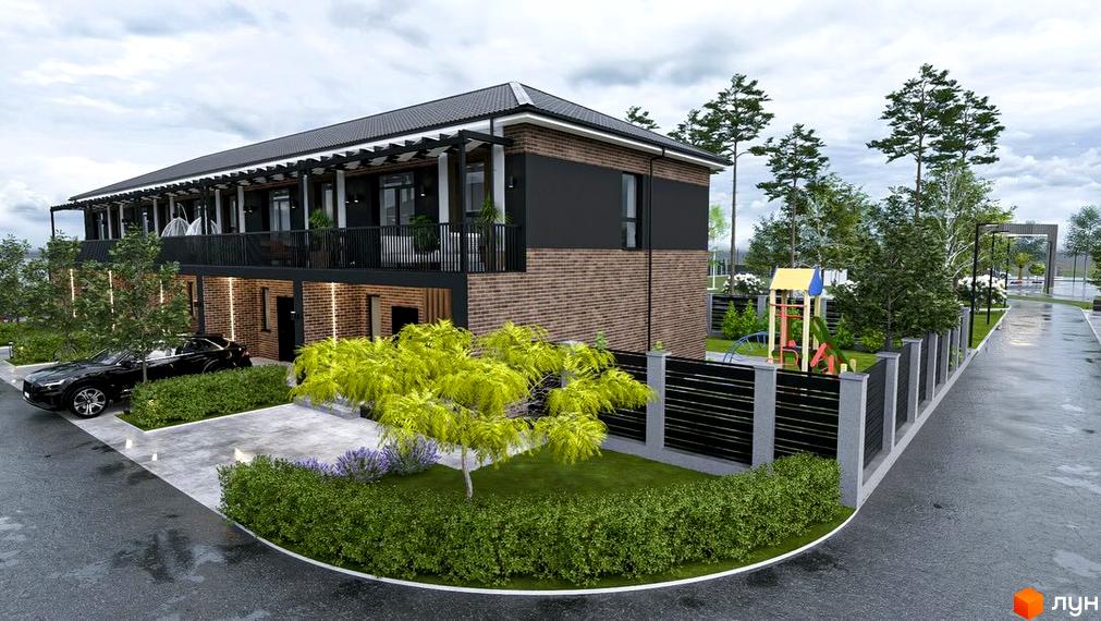 Житловий комплекс КМ Beverly Hills з сучасним фасадом, прибудинкова територія з зеленими насадженнями та дитячим майданчиком.