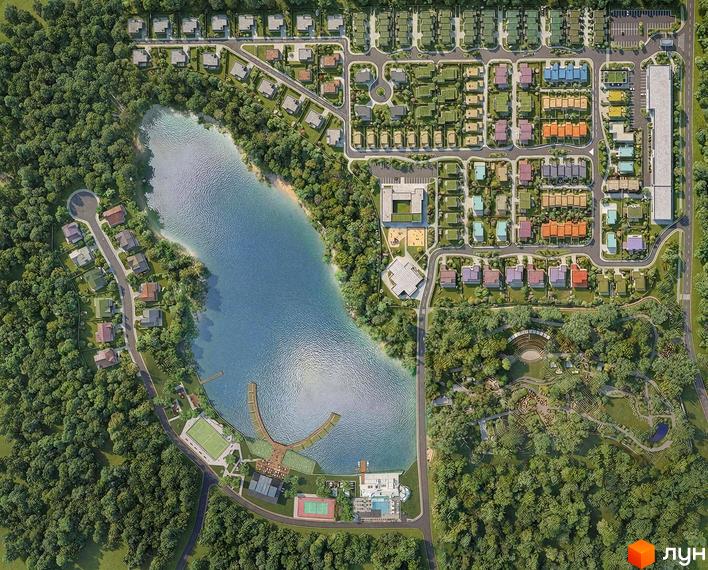 Схема житлового комплексу КМ Beverly Hills з котеджами та прибудинковою територією біля водойми.