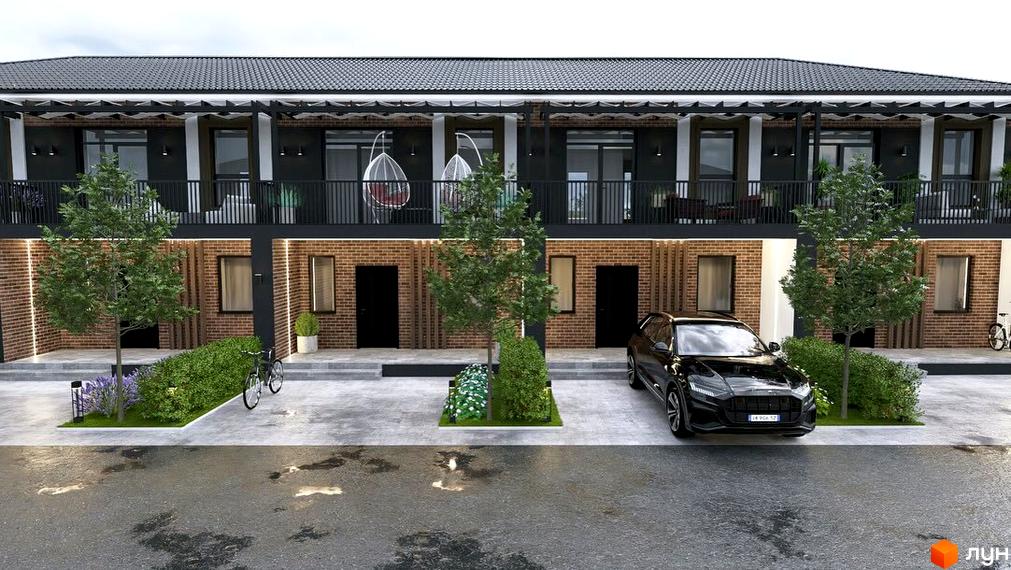 Зовнішній вигляд будинку КМ Beverly Hills з прибудинковою територією, зеленими насадженнями та автомобілем на парковці.