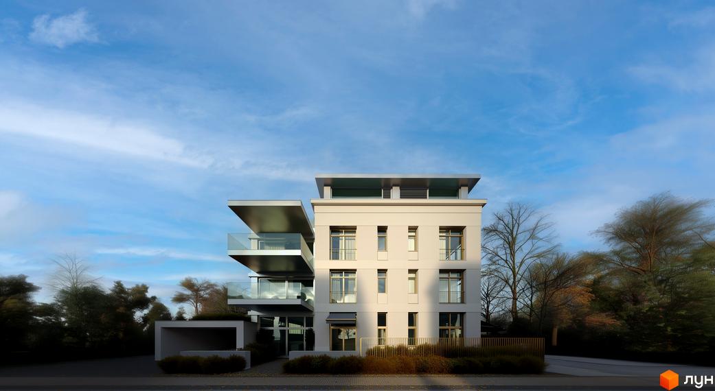 Житловий комплекс AUROOM SENSE з сучасною архітектурою та великими балконами, оточений зеленими насадженнями.