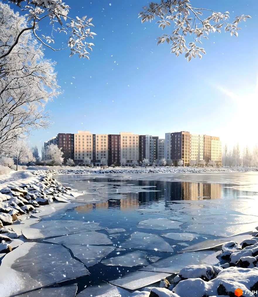 Житловий комплекс Lavanda Park на фоні зимового пейзажу з озером та засніженими деревами. Сучасні будинки розташовані вздовж берегової лінії.