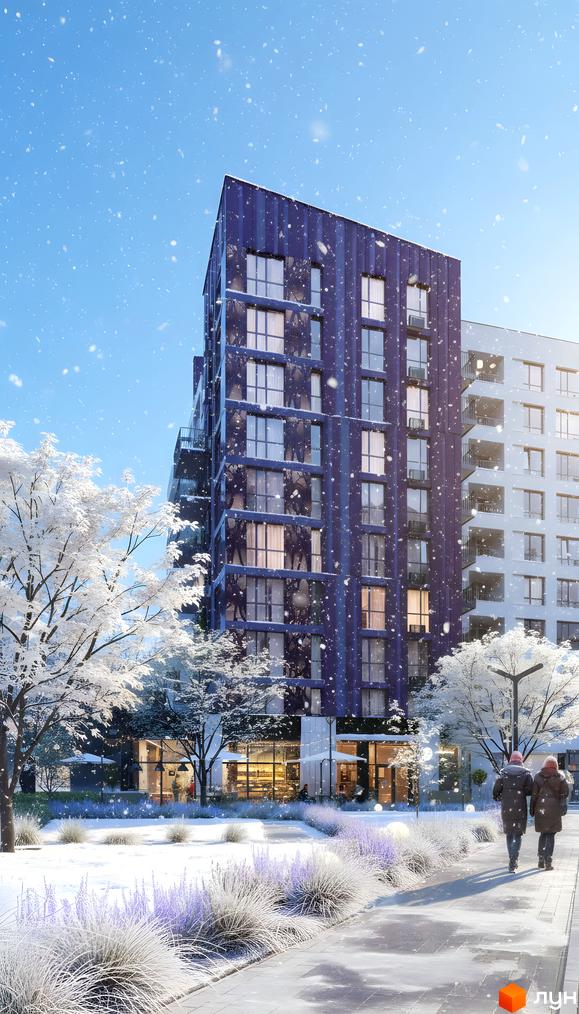 Житловий комплекс Lavanda Park з сучасною архітектурою, оточений зимовим ландшафтом та озелененням.