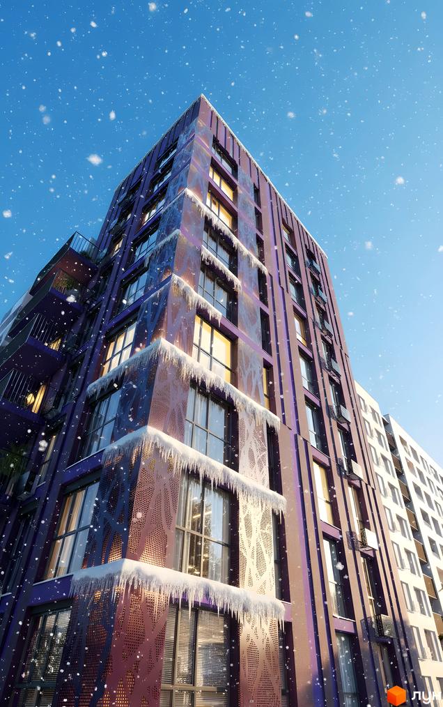 Житловий комплекс Lavanda Park з яскравим фасадом та великими вікнами, оточений зимовим пейзажем з снігом.