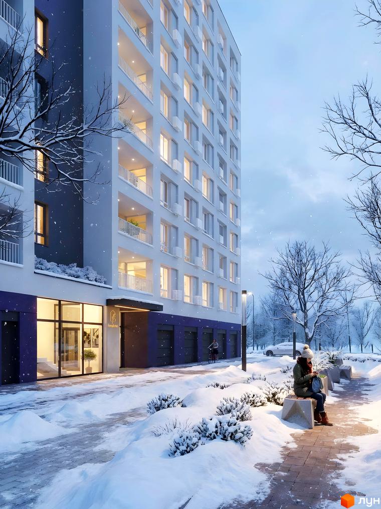 Житловий комплекс Lavanda Park з сучасним фасадом та прибудинковою територією, засніженою взимку.