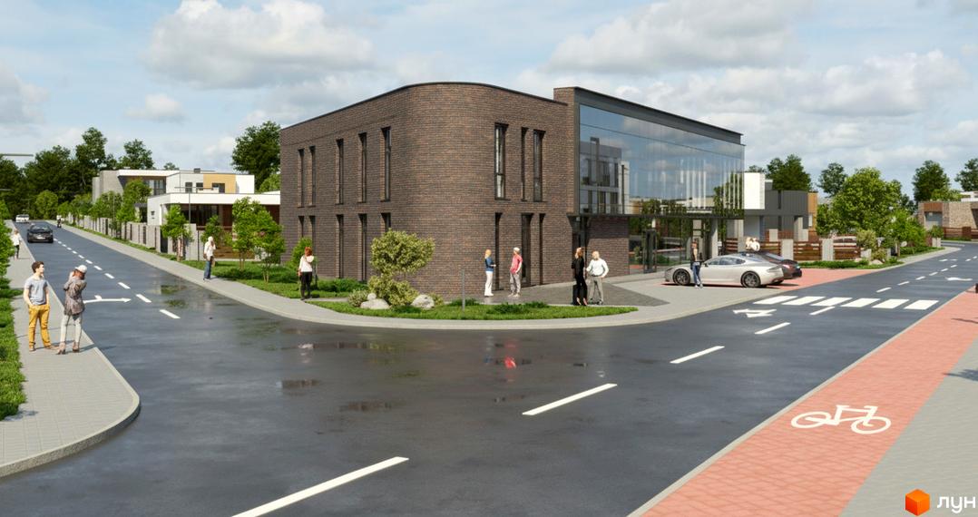 Зовнішній вигляд будинку житлового комплексу КМ ГАРМОНІЯ з прибудинковою територією та пішохідними доріжками.