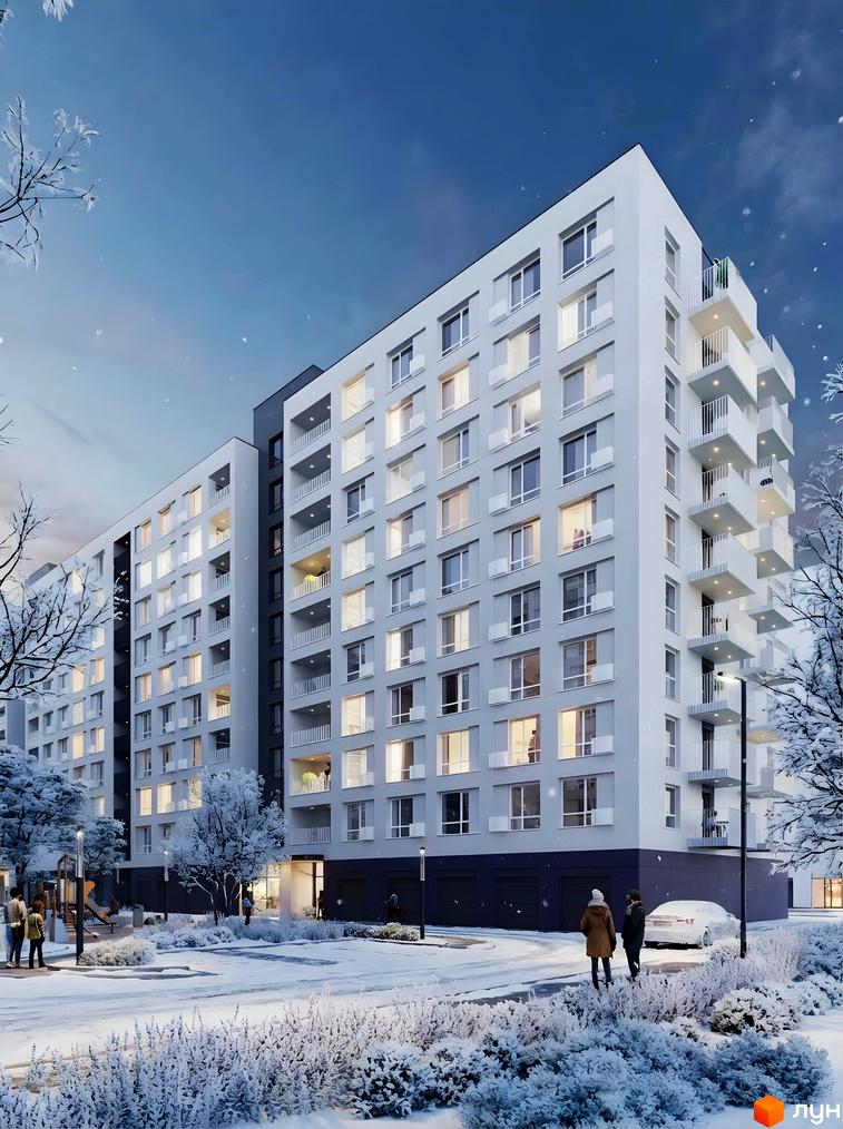 Житловий комплекс Lavanda Park з сучасними балконами та освітленими вікнами, оточений зимовим ландшафтом і зеленими насадженнями.