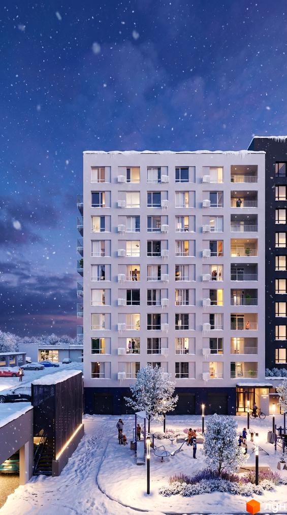 Житловий комплекс Lavanda Park з сучасним фасадом, прибудинкова територія з дитячим майданчиком та озелененням у зимовий період.