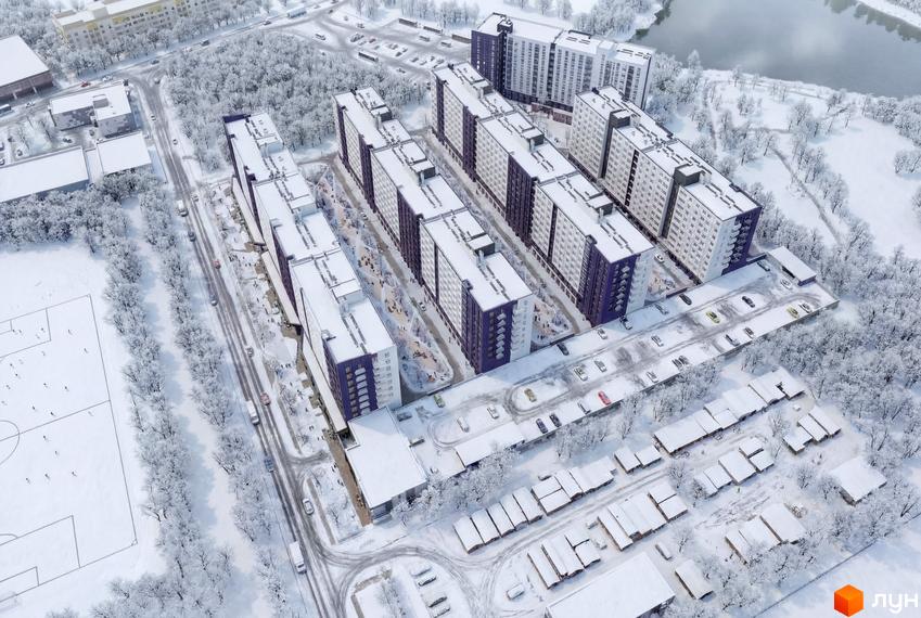 Житловий комплекс Lavanda Park з сучасними будинками та прибудинковою територією, покритою снігом.