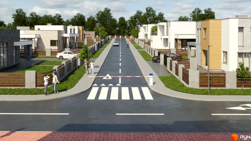 Зовнішній вигляд котеджного містечка КМ ГАРМОНІЯ з сучасними будинками та озелененою прибудинковою територією.