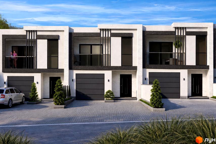 Зовнішній вигляд Таунхаус VIEWPOINT COTTAGES з сучасними балконами та гаражами. Прибудинкова територія з зеленими насадженнями та парковкою.