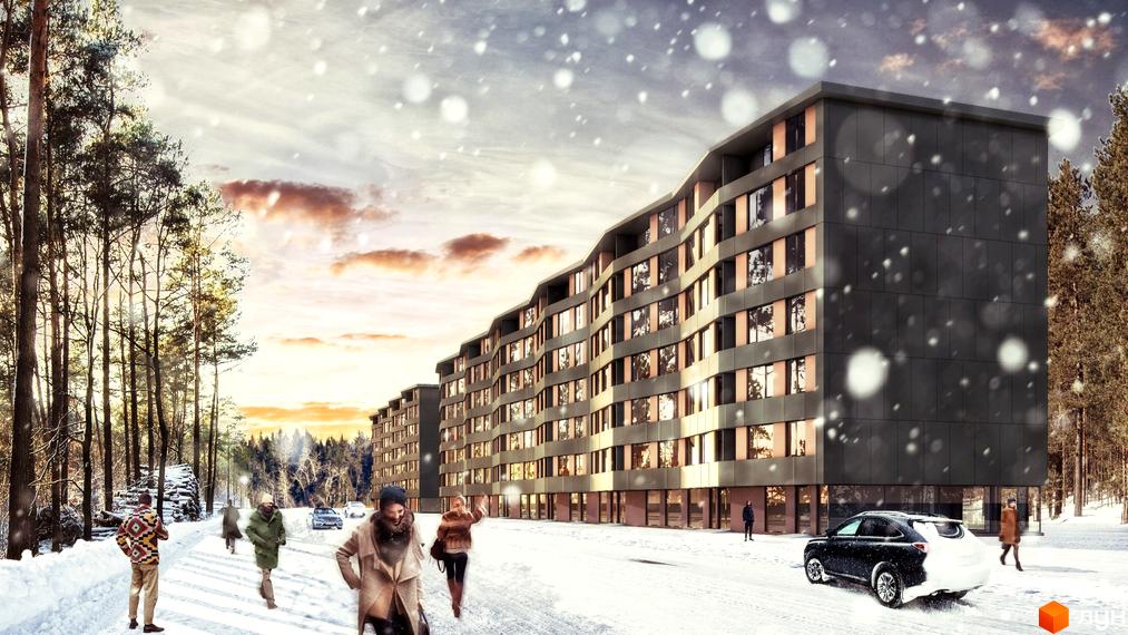Зимова новобудова ЖК Park Town з великими вікнами та темним фасадом. Навколо будинку засніжена територія з людьми та автомобілем.