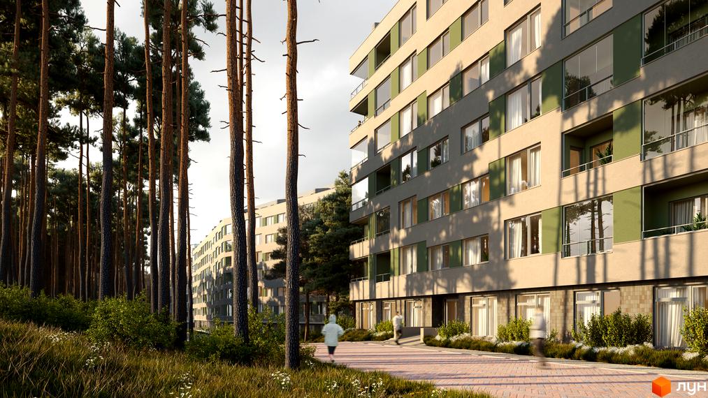 Житловий комплекс Park Town з фасадом бежевого кольору з зеленими вставками. На передньому плані доглянута територія з бруківкою та деревами.