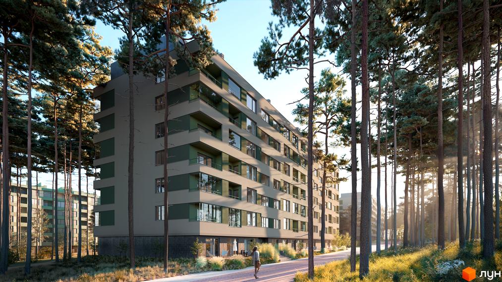 Житловий комплекс Park Town серед соснового лісу. Багатоповерховий будинок з балконами та терасами, навколо доглянута територія з алеями для прогулянок.
