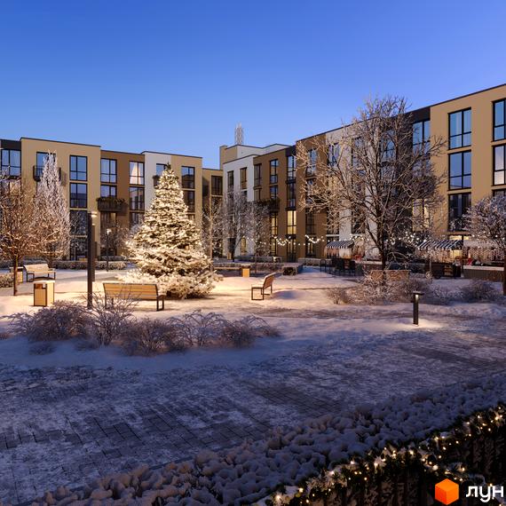 Зовнішній вигляд житлового комплексу ЖК Парксайд з зимовим пейзажем та прибудинковою територією, прикрашеною деревами та лавками.