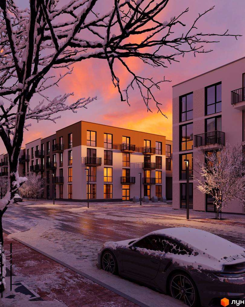 Зовнішній вигляд житлового комплексу Парксайд на фоні зимового пейзажу. Прибудинкова територія з засніженими деревами та автомобілем.