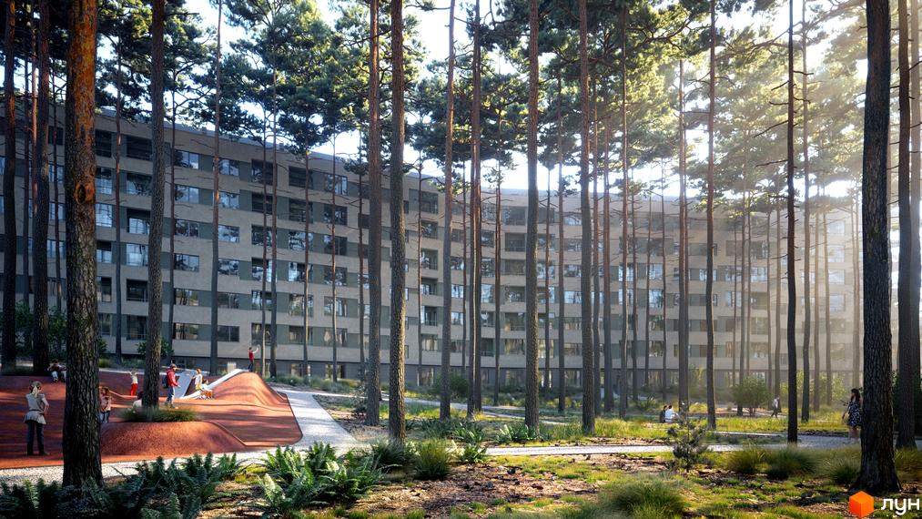 Житловий комплекс Park Town серед соснового лісу. Багатоповерховий будинок з великими вікнами та прилегла територія з дитячим майданчиком.