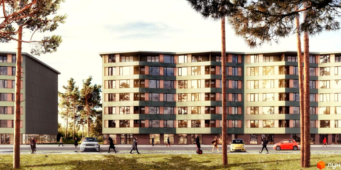 Житловий комплекс Park Town. Багатоповерховий будинок з великими вікнами та лаконічним дизайном. На прибудинковій території є зелені насадження та парковка.