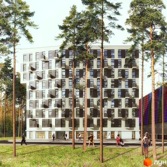 Житловий комплекс Park Town з великою кількістю вікон та балконів. На передньому плані газон з квітами та високі дерева.