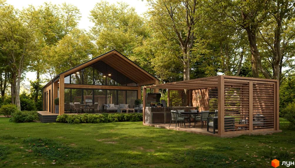 Зовнішній вигляд будинку VIKLIS PARK з великими вікнами та прибудинковою територією, облаштованою для відпочинку.